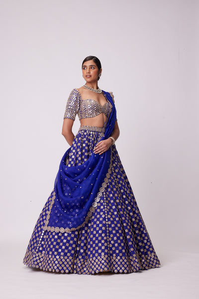 V Vani Vats Persian Blue Mirror Flower Embroidered Lehenga Set indian designer wear online shopping melange singapore