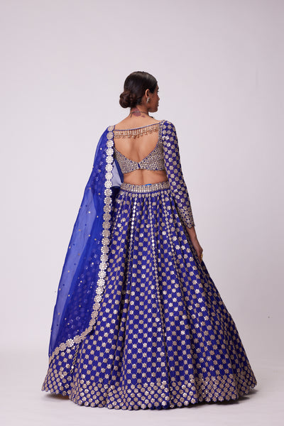 V Vani Vats Persian Blue Mirror Flower Hand Embroidered Lehenga indian designer wear online shopping melange singapore