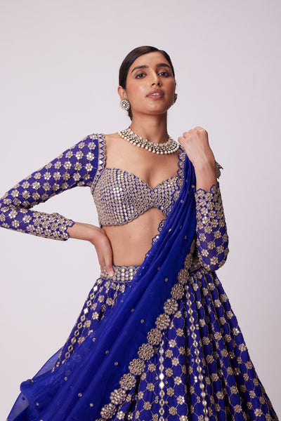 V Vani Vats Persian Blue Mirror Flower Hand Embroidered Lehenga indian designer wear online shopping melange singapore