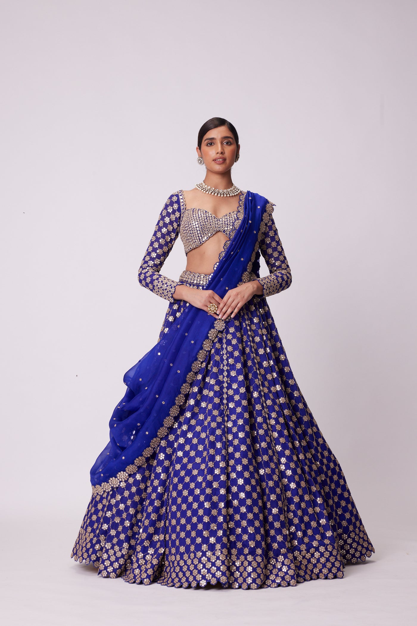 V Vani Vats Persian Blue Mirror Flower Hand Embroidered Lehenga indian designer wear online shopping melange singapore