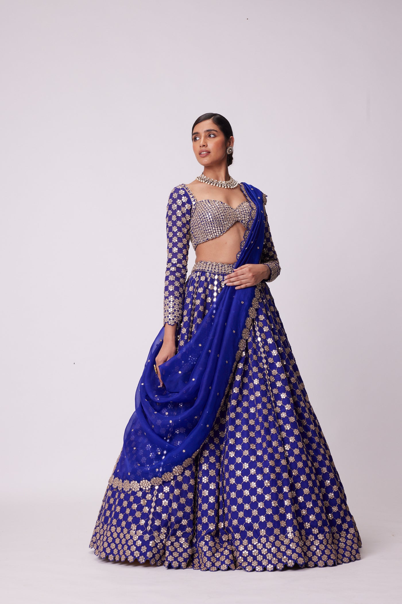 V Vani Vats Persian Blue Mirror Flower Hand Embroidered Lehenga indian designer wear online shopping melange singapore