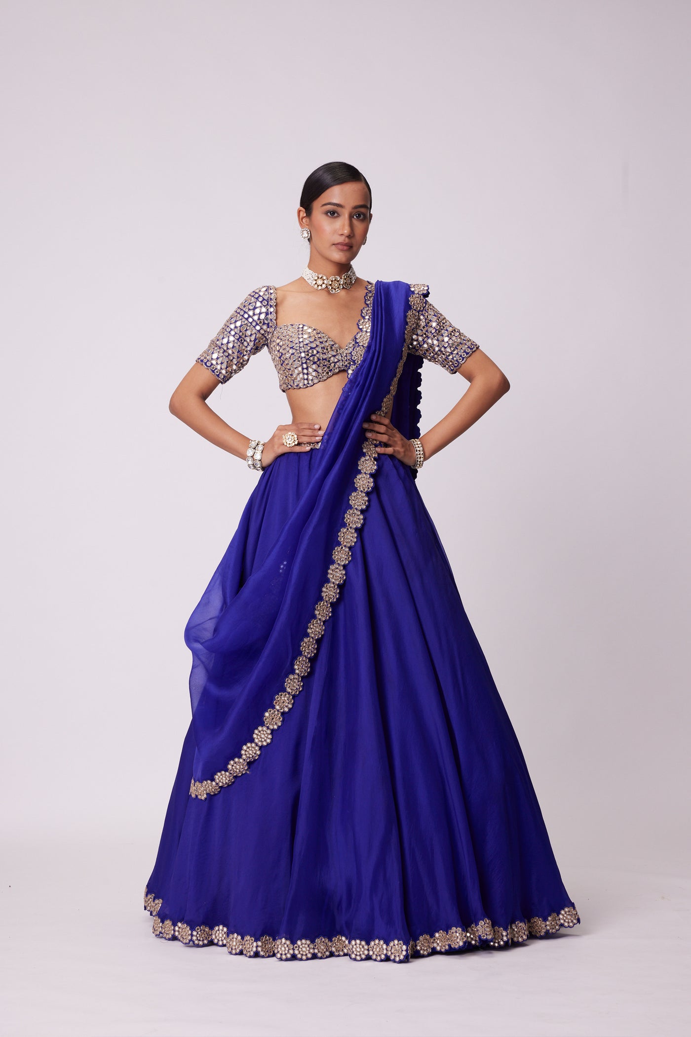 V Vani Vats Persian Blue Organza Hand Embroidered Lehenga Set indian designer wear online shopping melange singapore