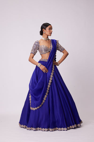 V Vani Vats Persian Blue Organza Hand Embroidered Lehenga Set indian designer wear online shopping melange singapore