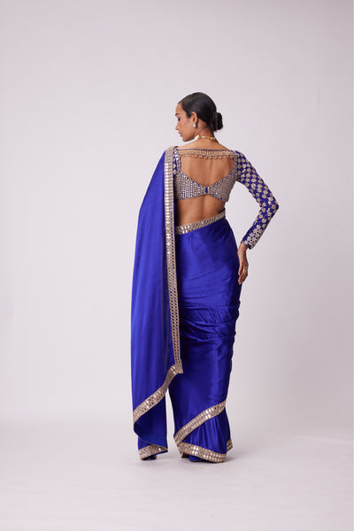 V Vani Vats Persian Blue Satin Saree Set indian designer wear online shopping melange singapore