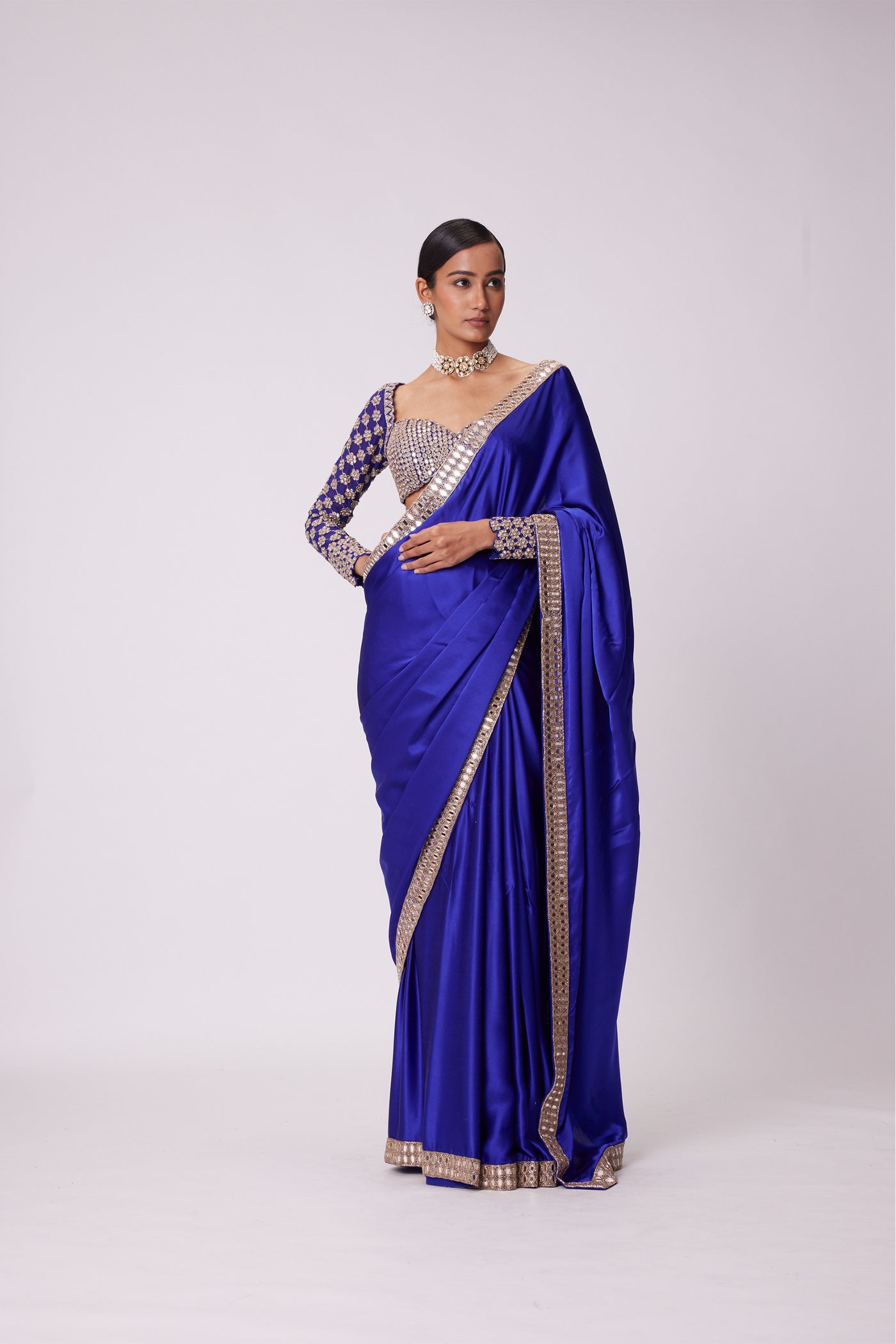 V Vani Vats Persian Blue Satin Saree Set indian designer wear online shopping melange singapore