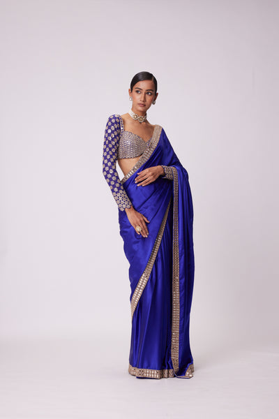 V Vani Vats Persian Blue Satin Saree Set indian designer wear online shopping melange singapore