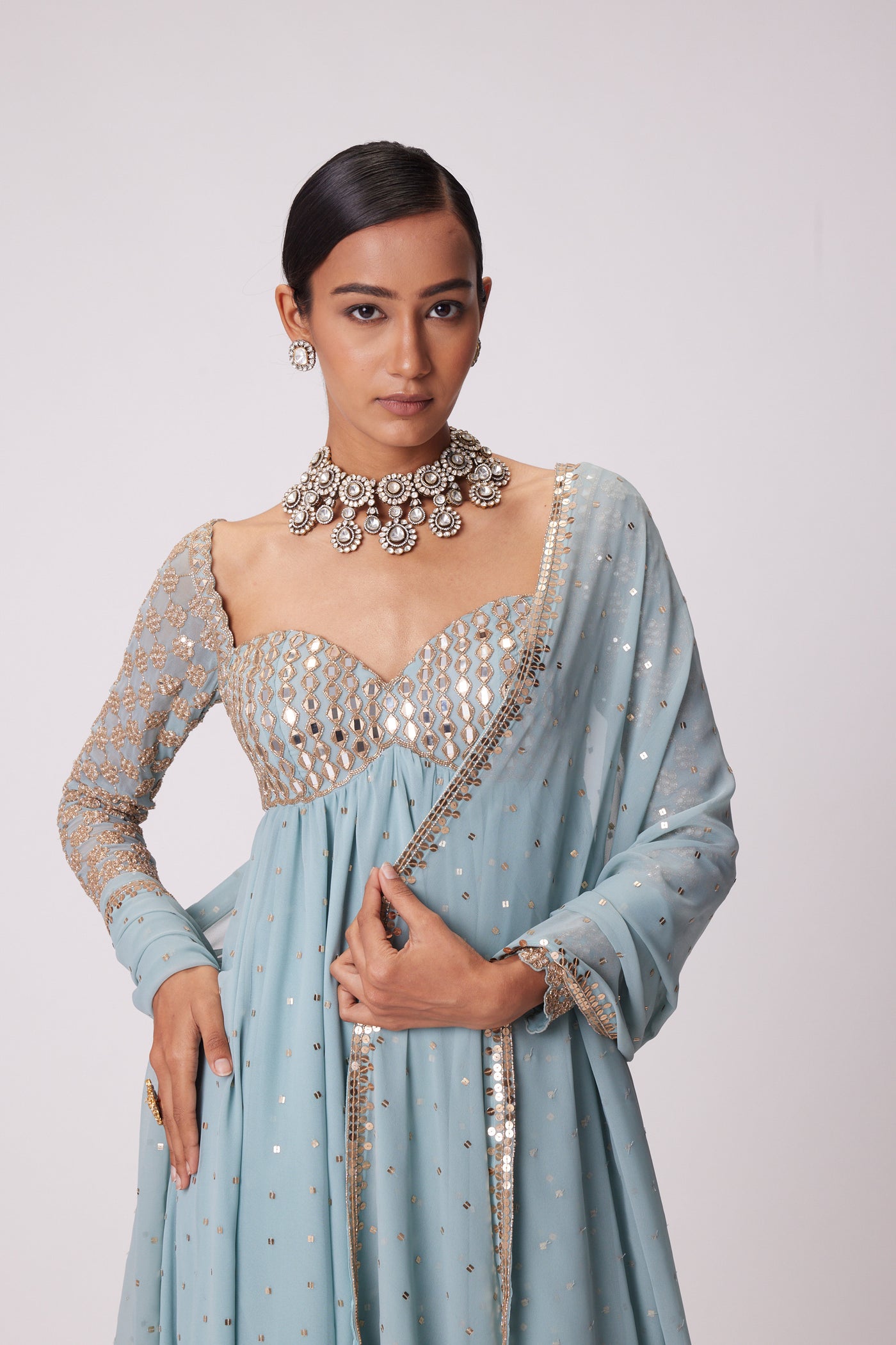 V Vani Vats Powder Blue High Low Kurta Set indian designer wear online shopping melange singapore