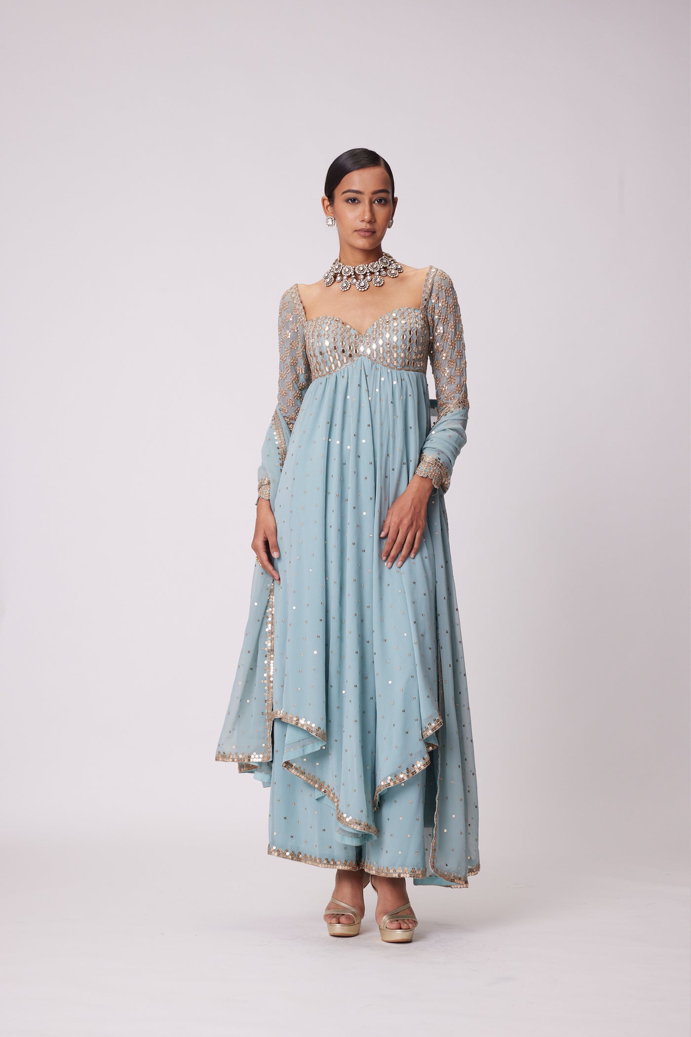 V Vani Vats Powder Blue High Low Kurta Set indian designer wear online shopping melange singapore