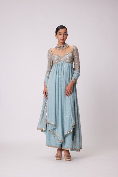 V Vani Vats Powder Blue High Low Kurta Set indian designer wear online shopping melange singapore