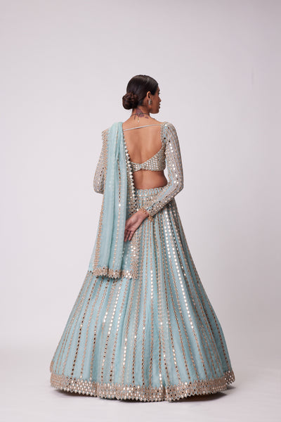 V Vani Vats Powder Blue Linear Embroidered Lehenga Set indian designer wear online shopping melange singapore