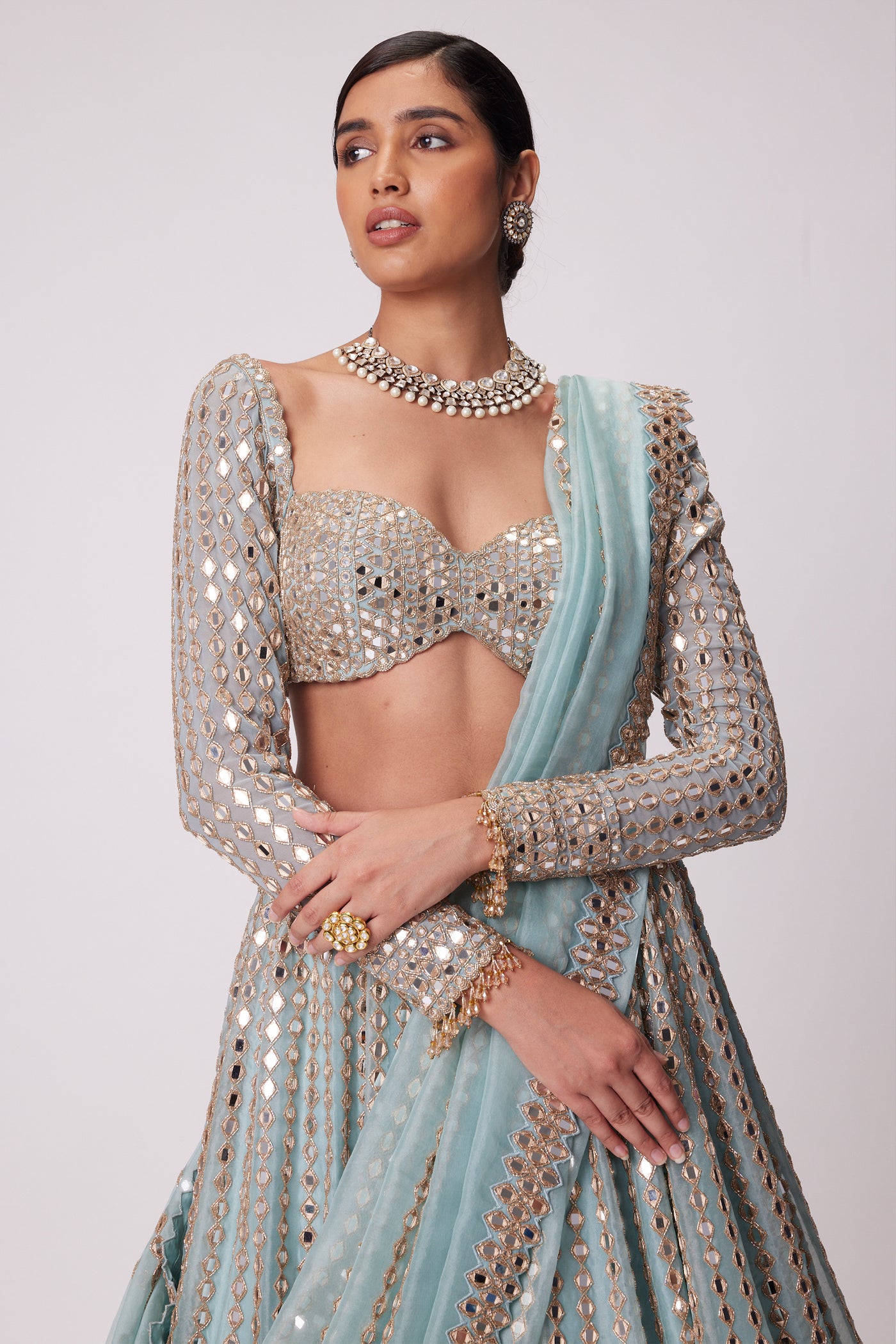 V Vani Vats Powder Blue Linear Embroidered Lehenga Set indian designer wear online shopping melange singapore