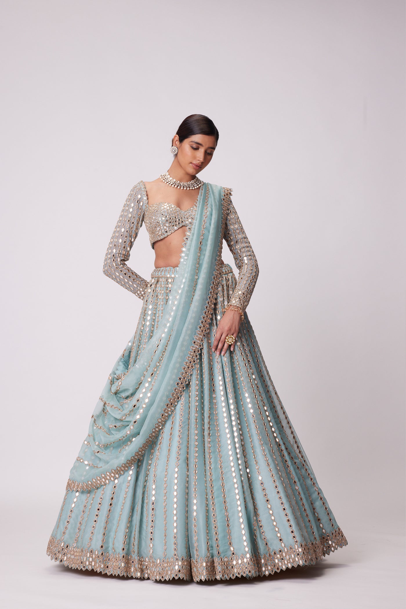 V Vani Vats Powder Blue Linear Embroidered Lehenga Set indian designer wear online shopping melange singapore