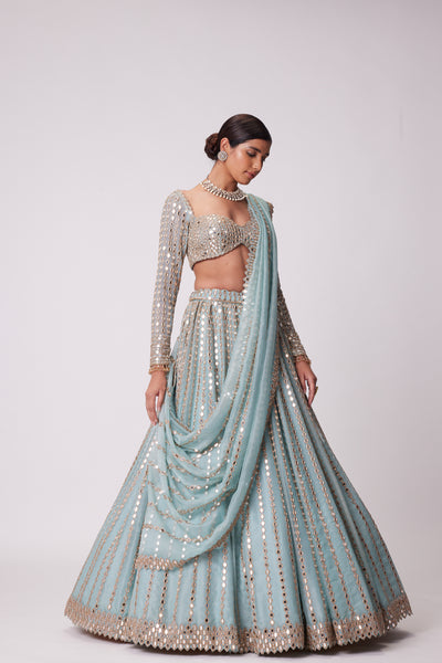 V Vani Vats Powder Blue Linear Embroidered Lehenga Set indian designer wear online shopping melange singapore