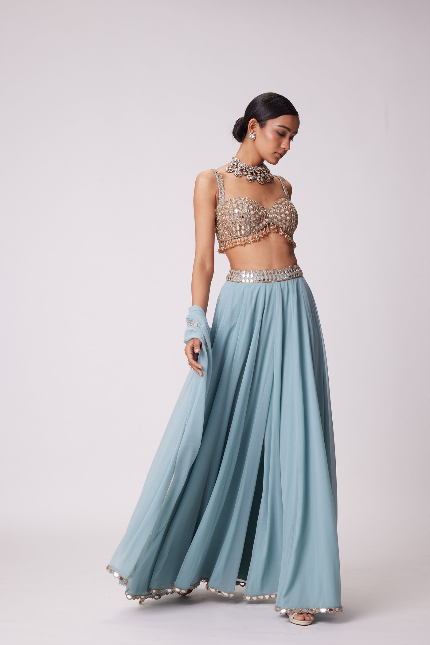 V Vani Vats Powder Blue Mirror Embroidered Lehenga Pants Set indian designer wear online shopping melange singapore