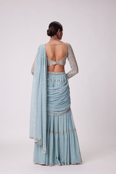 V Vani Vats Powder Blue Multi Tier Hand Embroidered Saree Set indian designer wear online shopping melange singapore