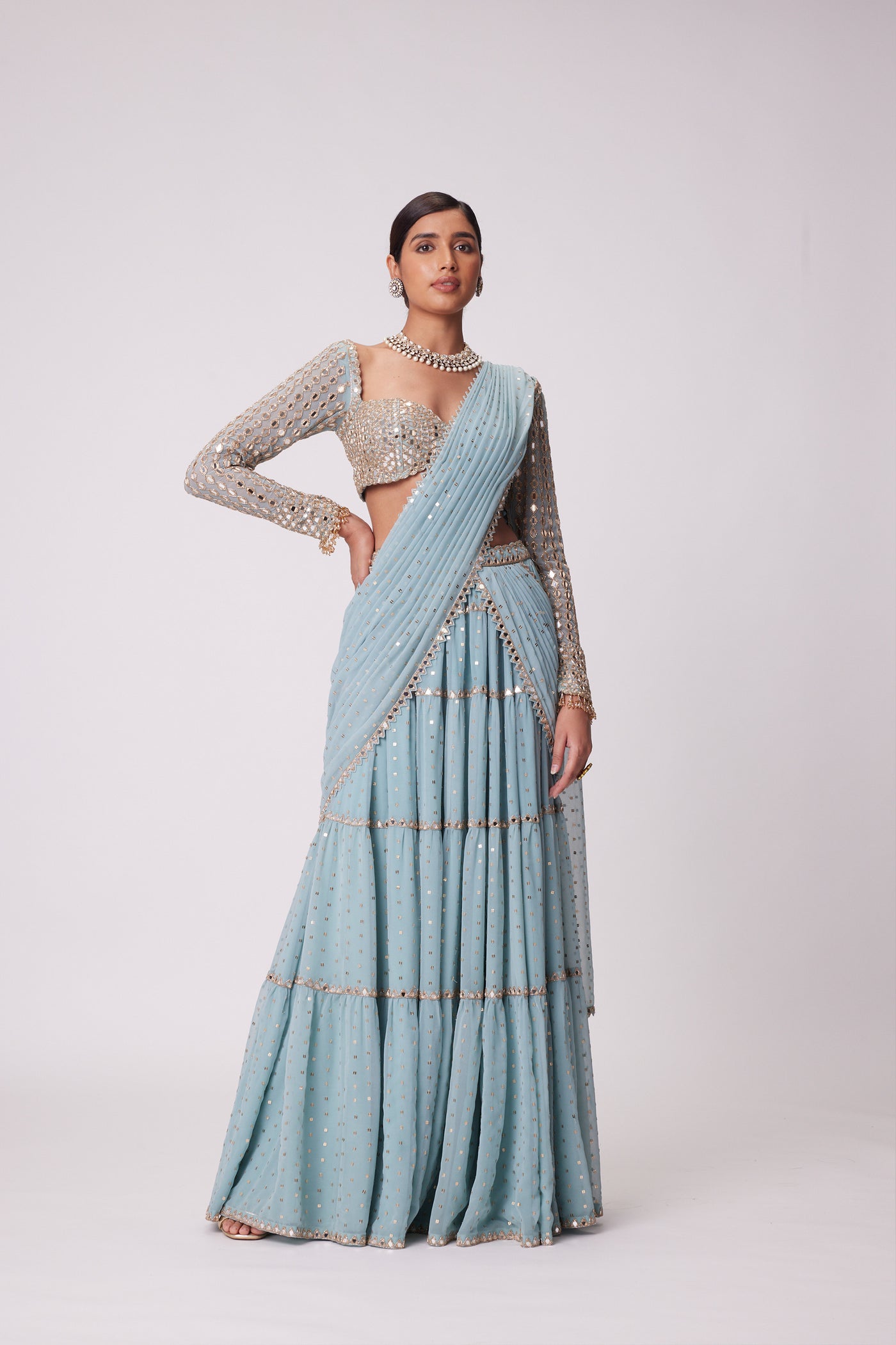 V Vani Vats Powder Blue Multi Tier Hand Embroidered Saree Set indian designer wear online shopping melange singapore