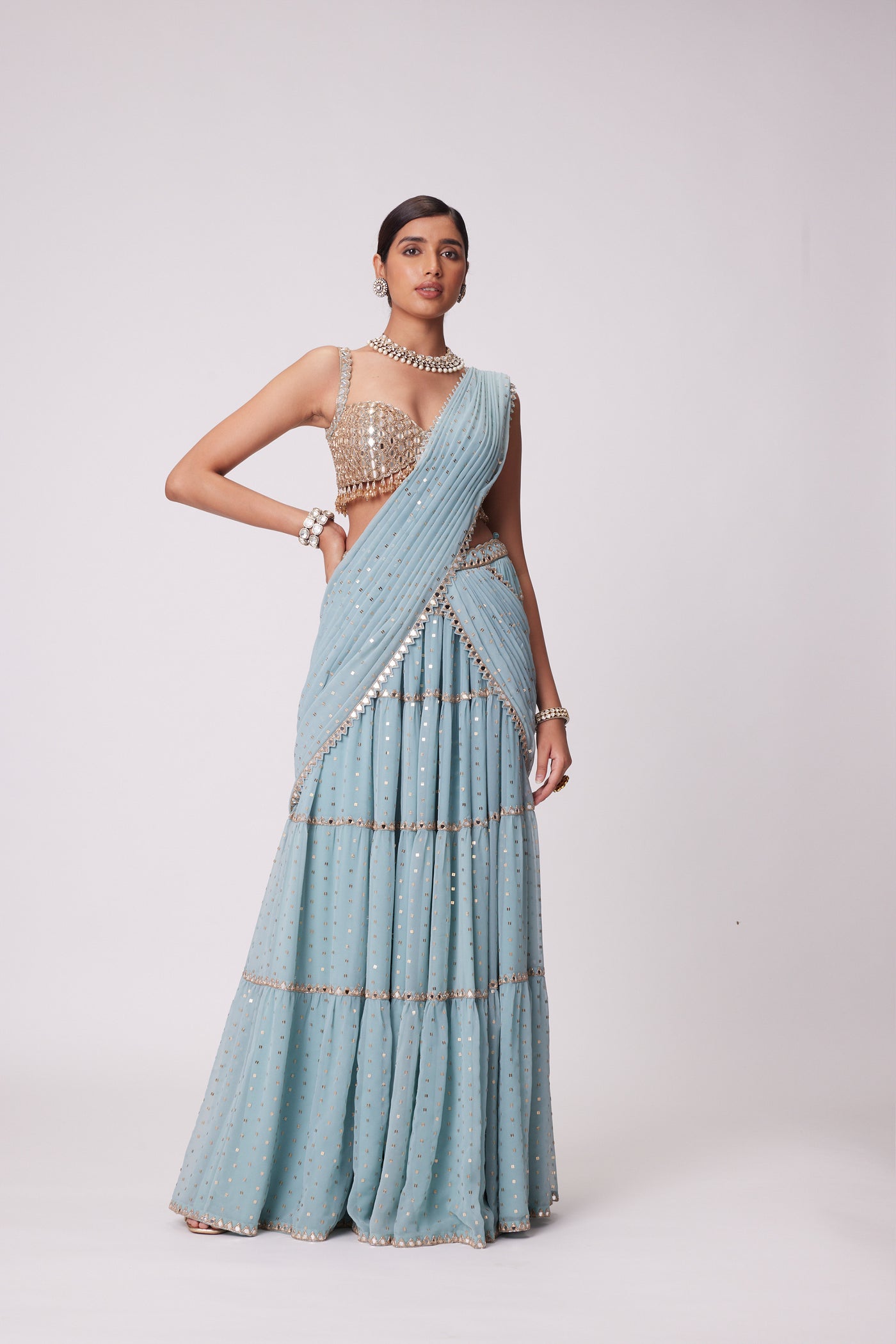 V Vani Vats Powder Blue Multi Tier Saree Setindian designer wear online shopping melange singapore