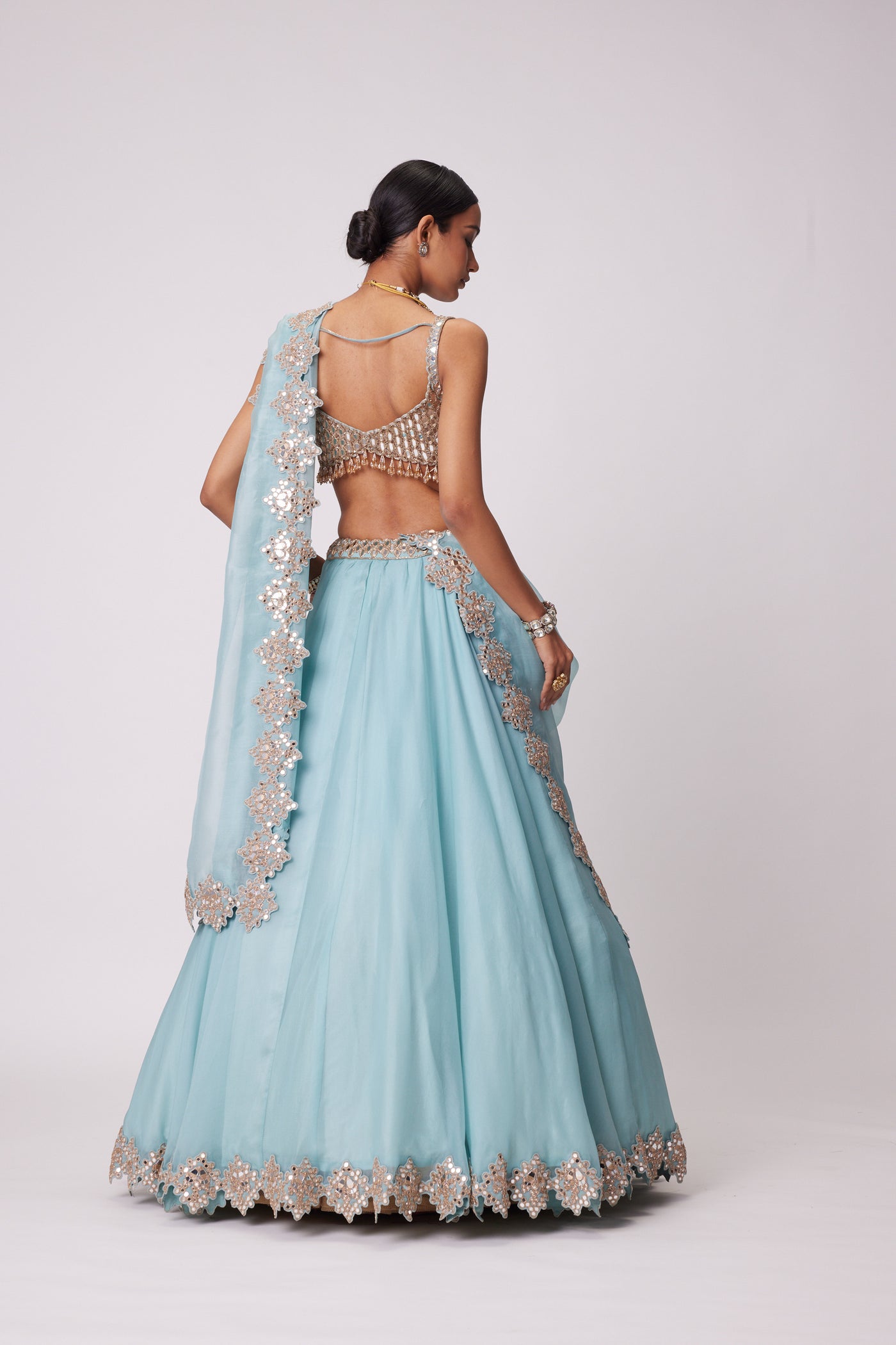 V Vani Vats Powder Blue Organza Hand Embroidered Lehenga Set indian designer wear online shopping melange singapore