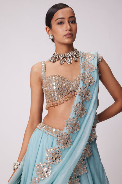 V Vani Vats Powder Blue Organza Hand Embroidered Lehenga Set indian designer wear online shopping melange singapore