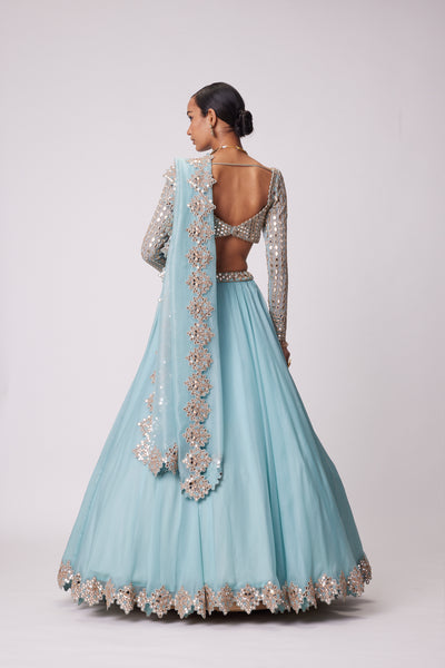 V Vani Vats Powder Blue Organza Mirror Embroidered Lehenga Set indian designer wear online shopping melange singapore