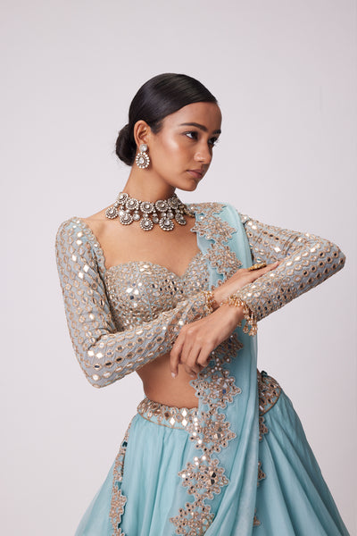 V Vani Vats Powder Blue Organza Mirror Embroidered Lehenga Set indian designer wear online shopping melange singapore