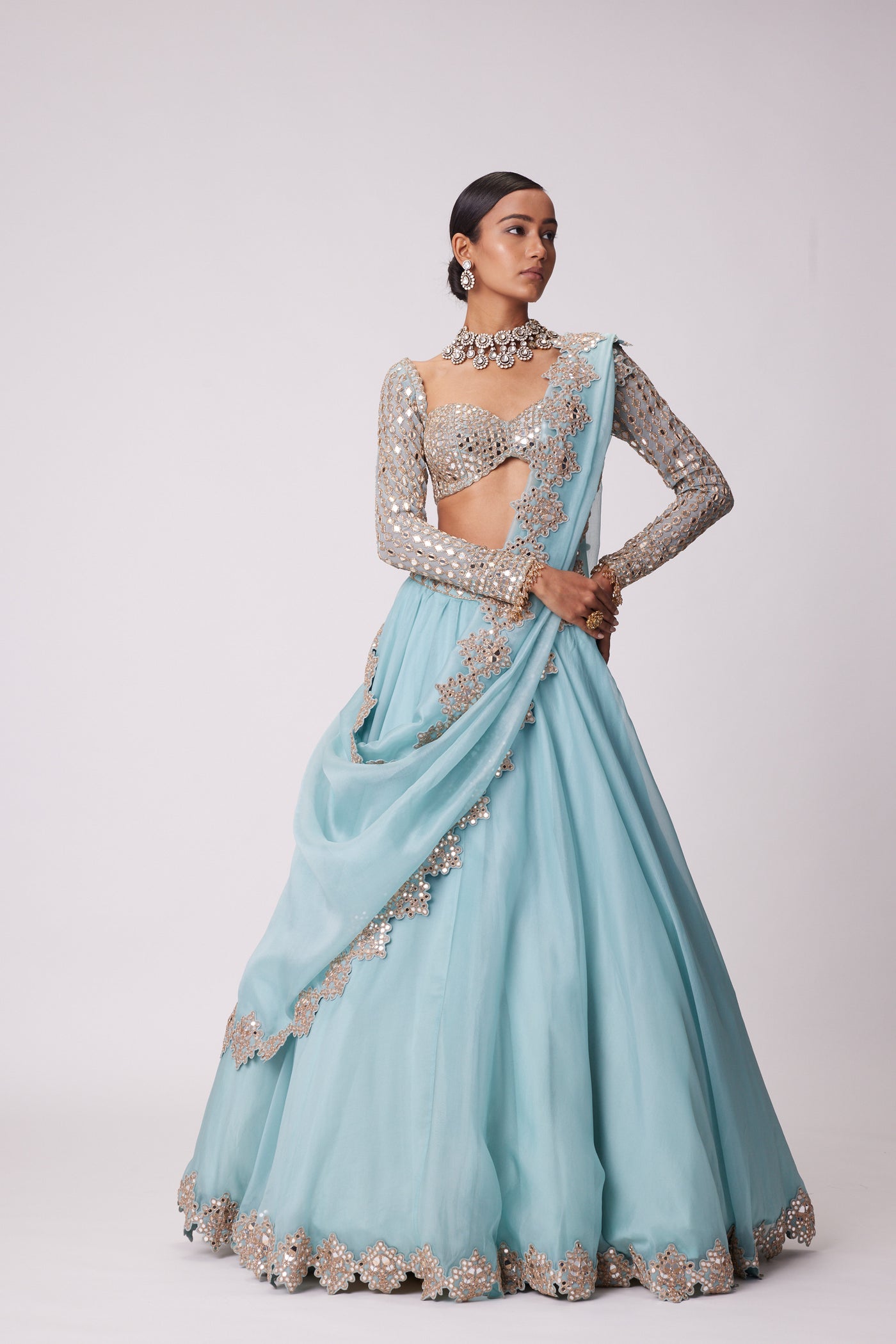 V Vani Vats Powder Blue Organza Mirror Embroidered Lehenga Set indian designer wear online shopping melange singapore