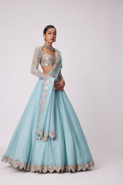 V Vani Vats Powder Blue Organza Mirror Embroidered Lehenga Set indian designer wear online shopping melange singapore