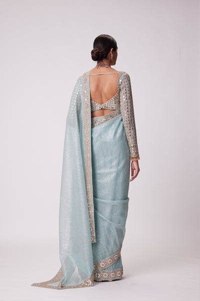 V Vani Vats Powder Blue Organza Saree Set indian designer wear online shopping melange singapore