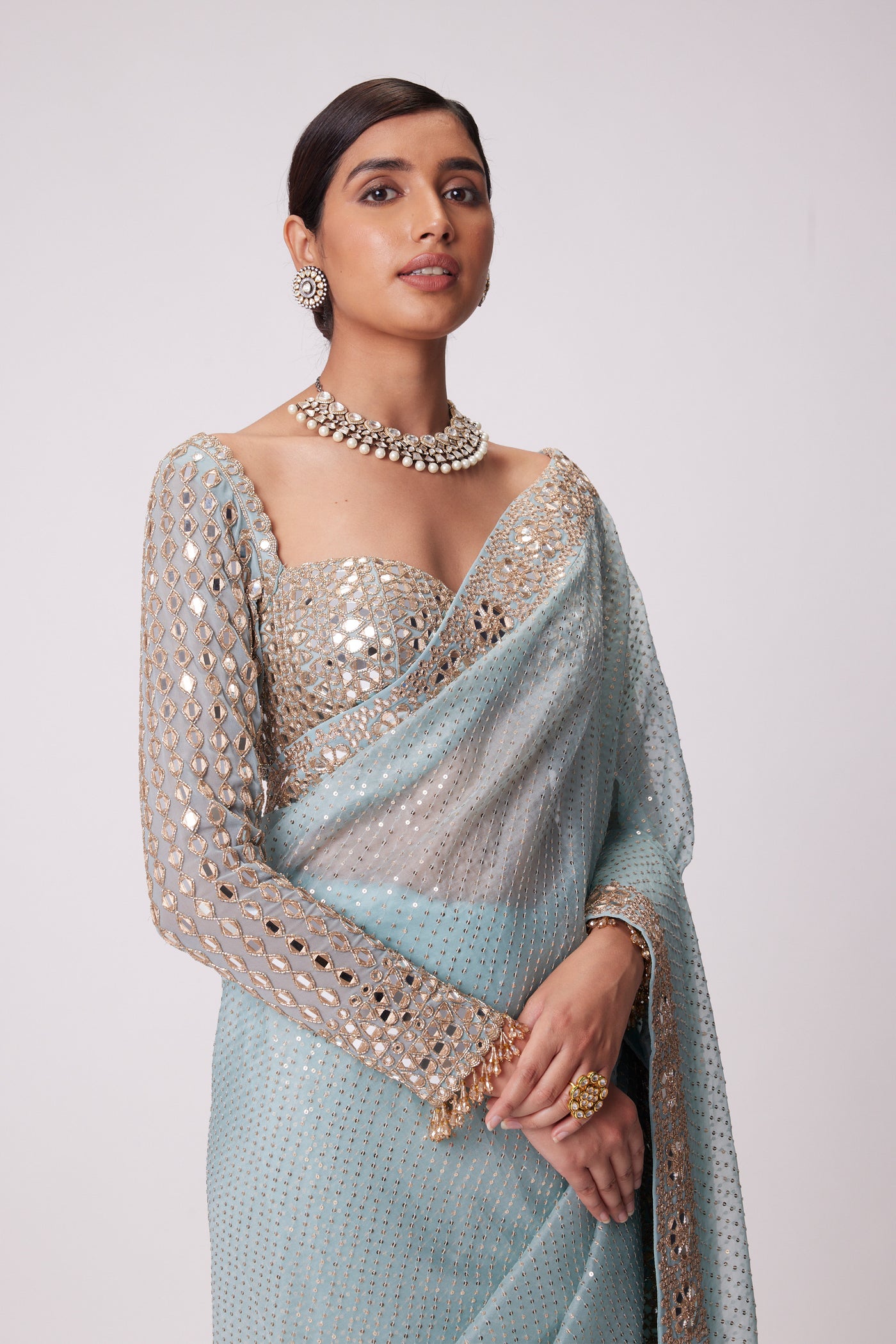 V Vani Vats Powder Blue Organza Saree Set indian designer wear online shopping melange singapore