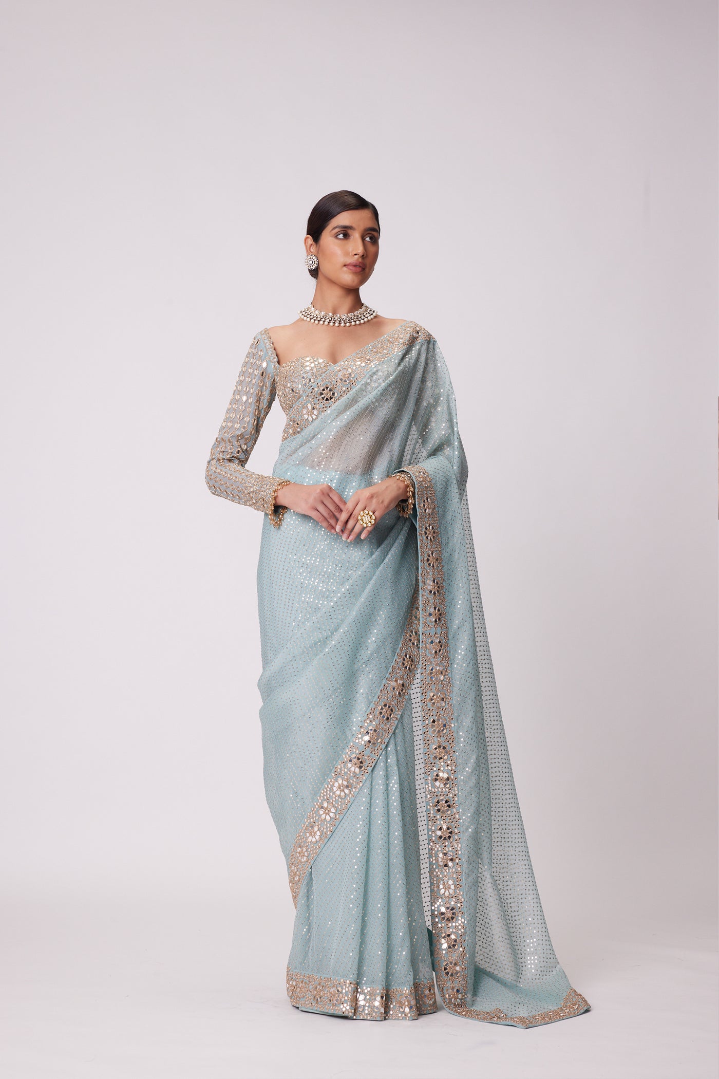 V Vani Vats Powder Blue Organza Saree Set indian designer wear online shopping melange singapore