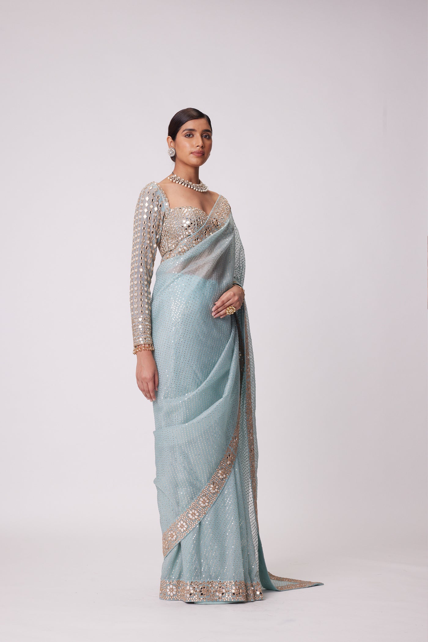 V Vani Vats Powder Blue Organza Saree Set indian designer wear online shopping melange singapore