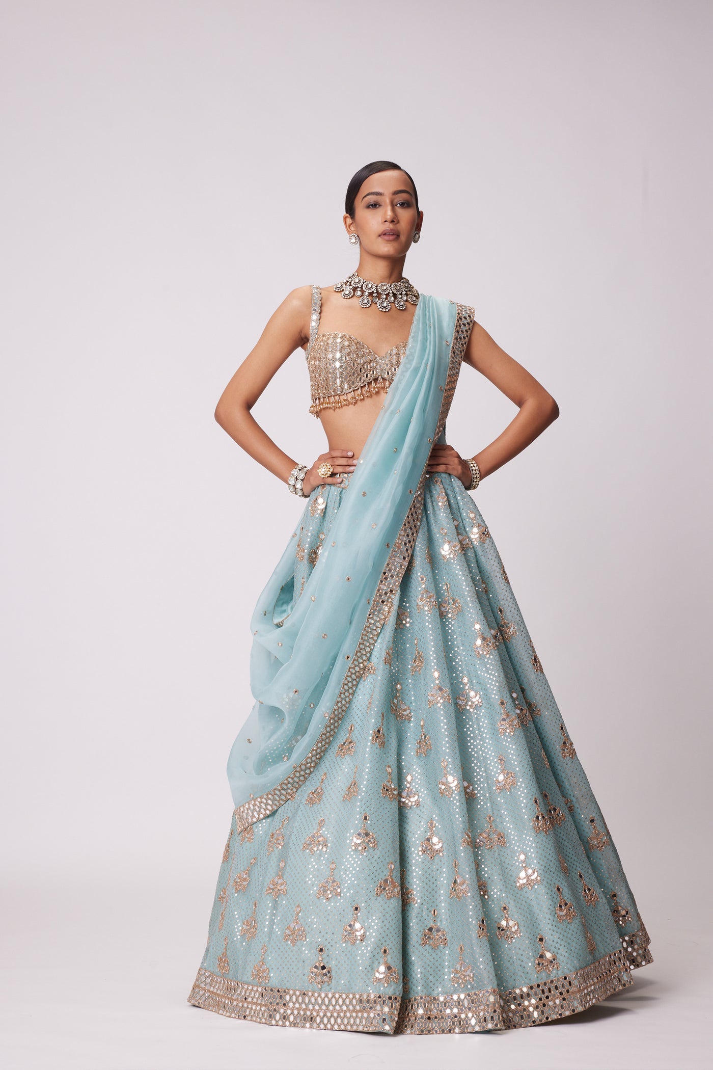 V Vani Vats Powder Blue Organza Sequin Embroidered Lehenga Set indian designer wear online shopping melange singapore