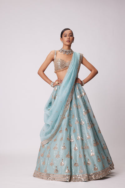 V Vani Vats Powder Blue Organza Sequin Embroidered Lehenga Set indian designer wear online shopping melange singapore