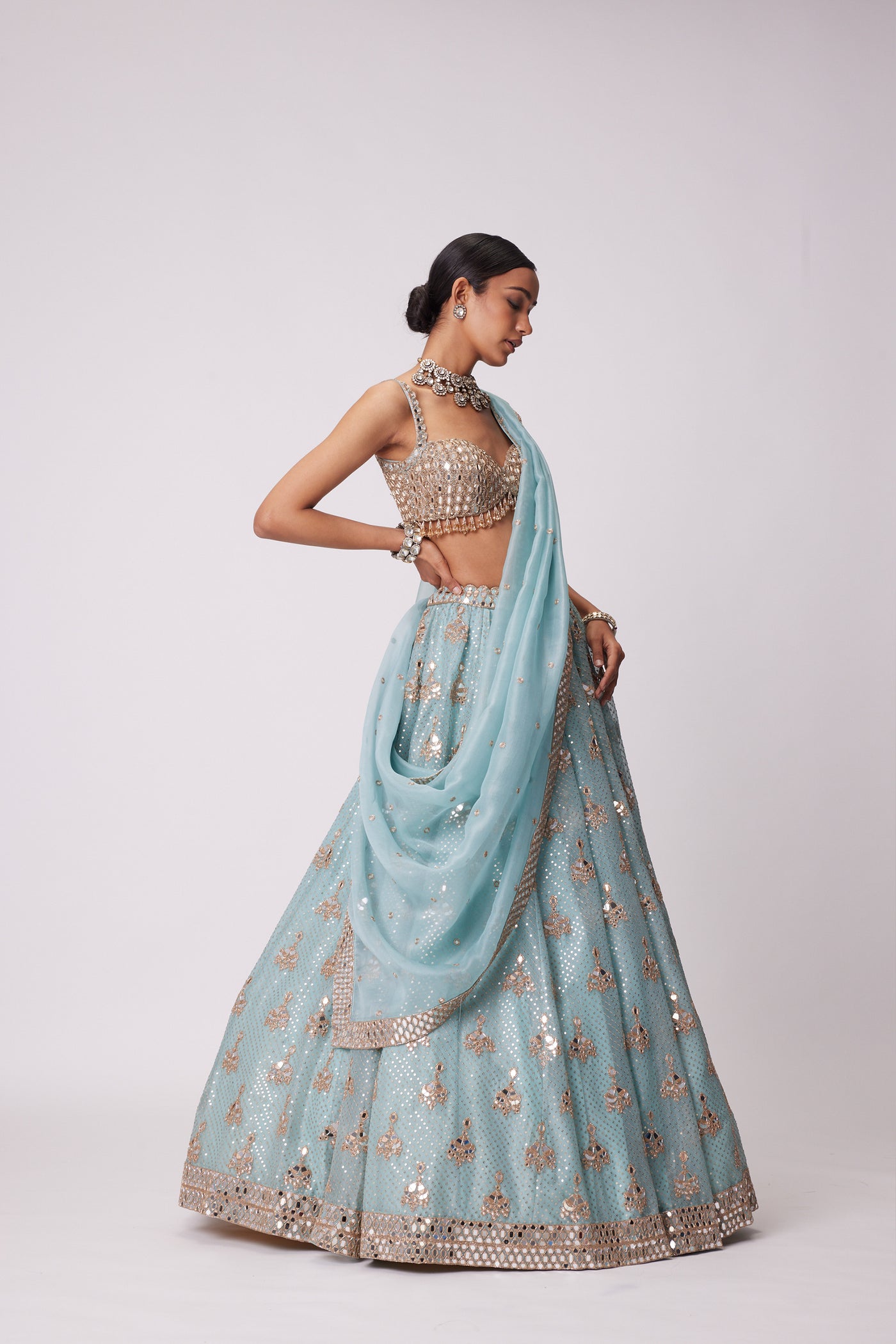 V Vani Vats Powder Blue Organza Sequin Embroidered Lehenga Set indian designer wear online shopping melange singapore