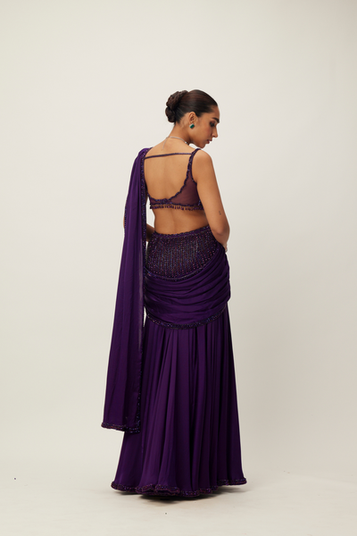 Royalty Purple Pre Draped Crystal Beaded Saree Set Melange Singapore Online Shopping Indian Designer Wear V Vani Vats