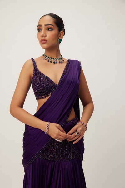 Royalty Purple Pre Draped Crystal Beaded Saree Set Melange Singapore Online Shopping Indian Designer Wear V Vani Vats