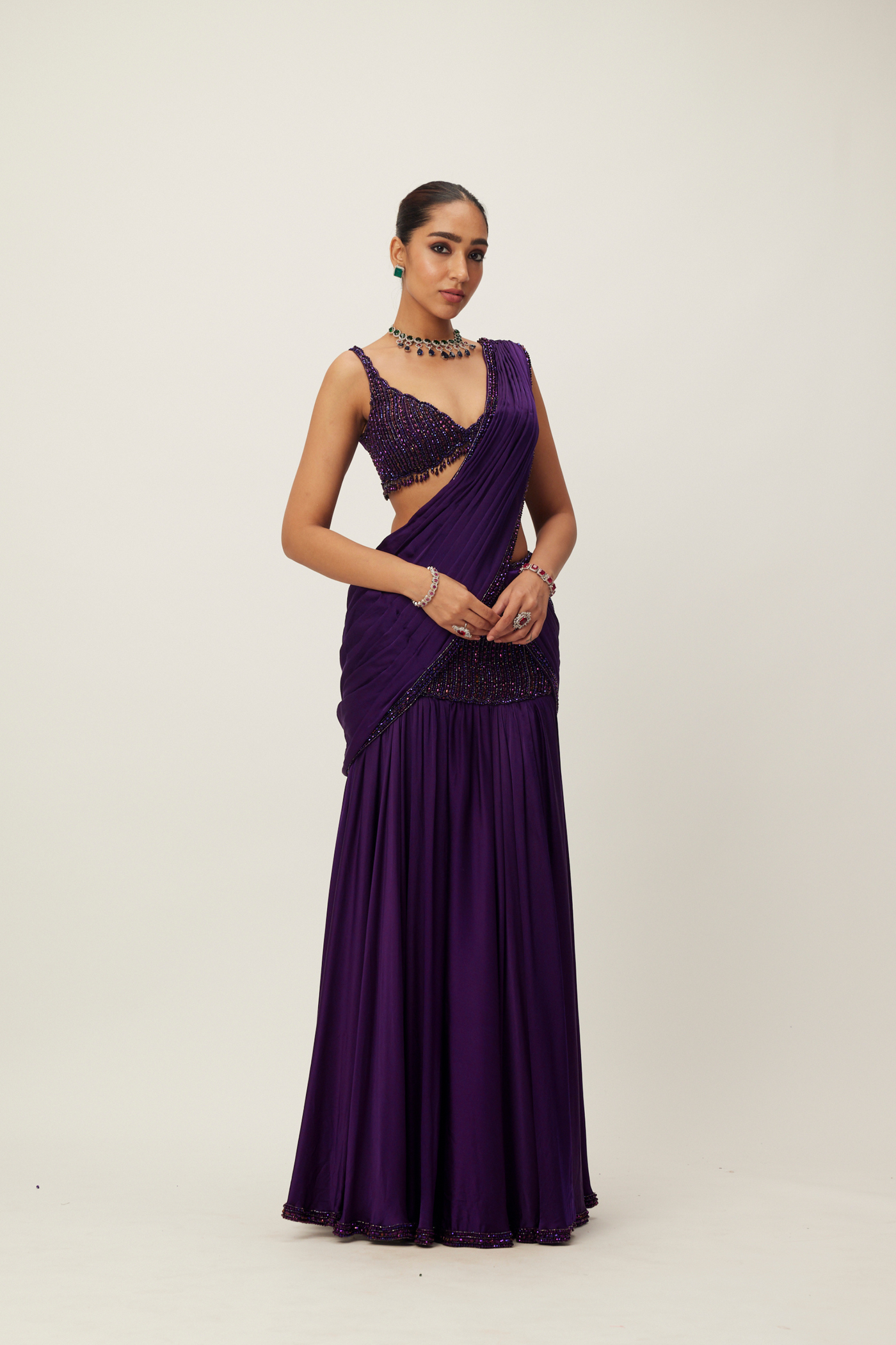 Royalty Purple Pre Draped Crystal Beaded Saree Set Melange Singapore Online Shopping Indian Designer Wear V Vani Vats