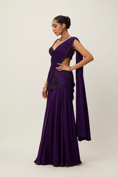 Royalty Purple Pre Draped Crystal Beaded Saree Set Melange Singapore Online Shopping Indian Designer Wear V Vani Vats