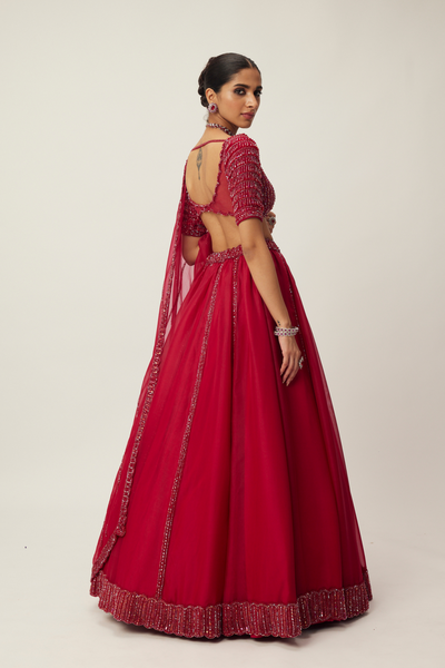 Ruby Red Organza Lehenga Set Melange Singapore Online Shopping Indian Designer Wear V Vani Vats