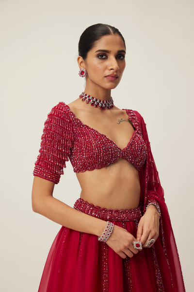 Ruby Red Organza Lehenga Set Melange Singapore Online Shopping Indian Designer Wear V Vani Vats