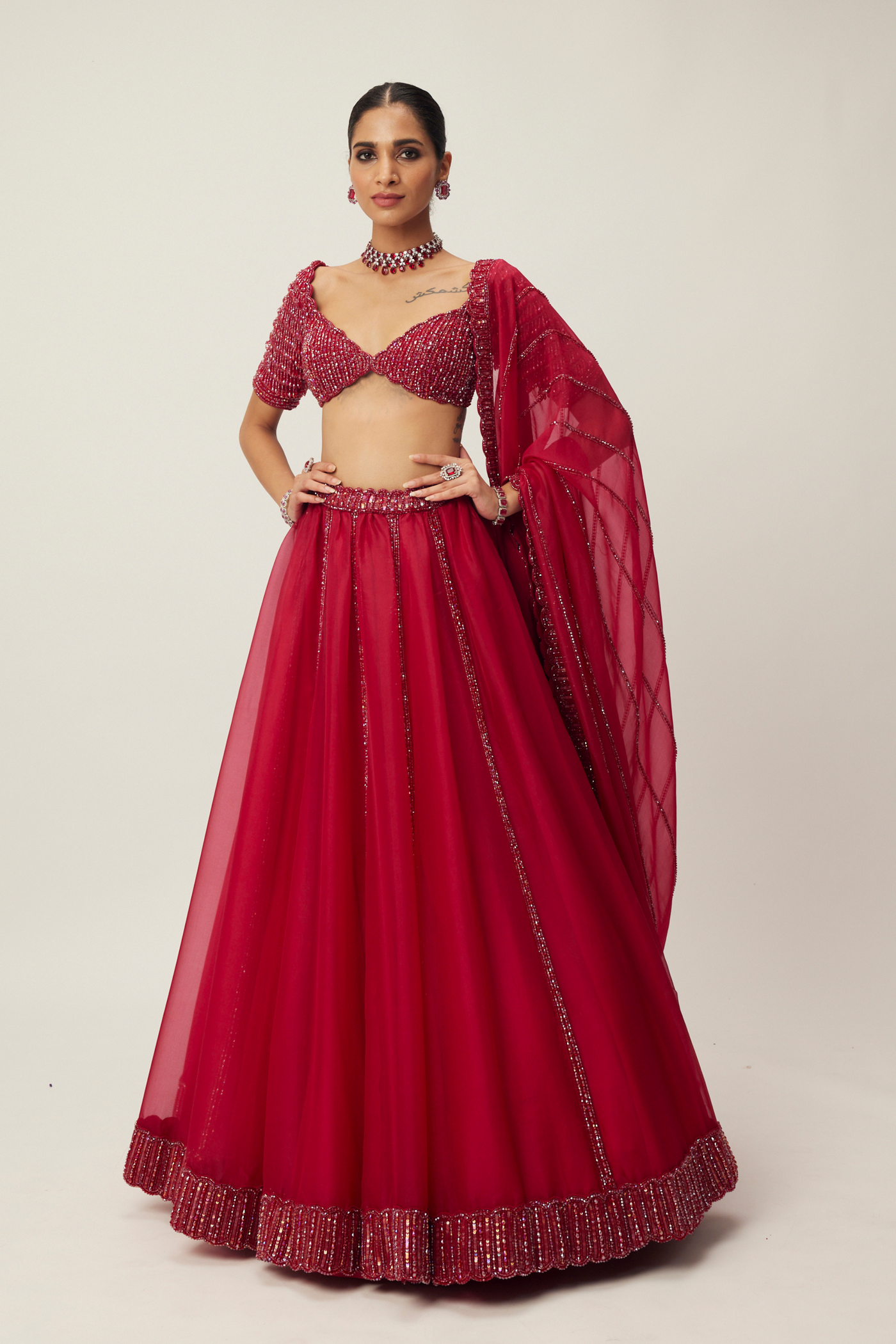 Ruby Red Organza Lehenga Set Melange Singapore Online Shopping Indian Designer Wear V Vani Vats