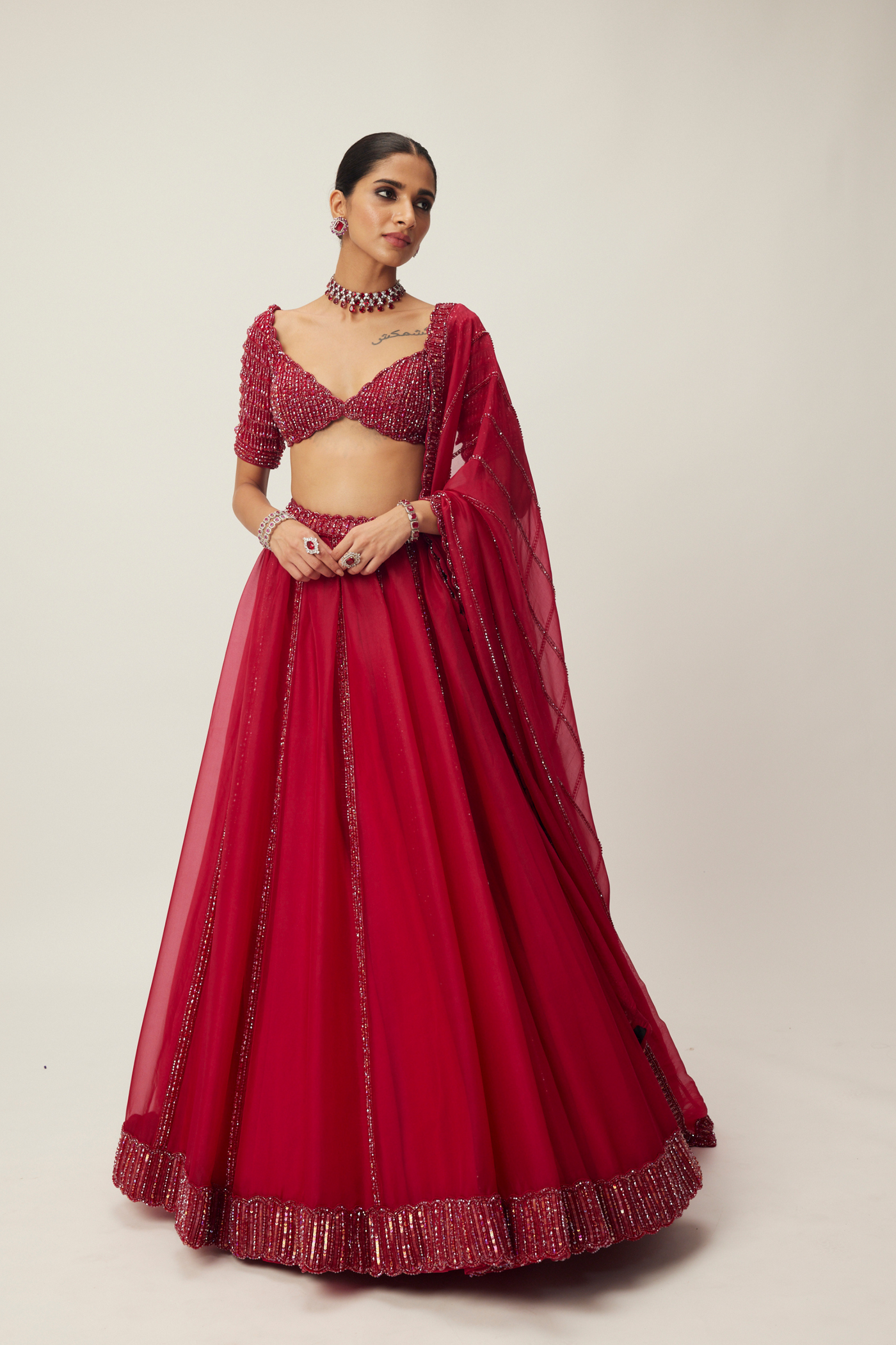 Ruby Red Organza Lehenga Set Melange Singapore Online Shopping Indian Designer Wear V Vani Vats