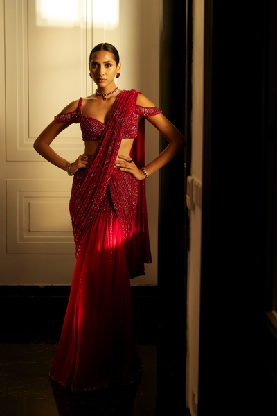 Ruby Red Pre Draped Crystal Embellished Saree Set Melange Singapore Online Shopping Indian Designer Wear V Vani Vats