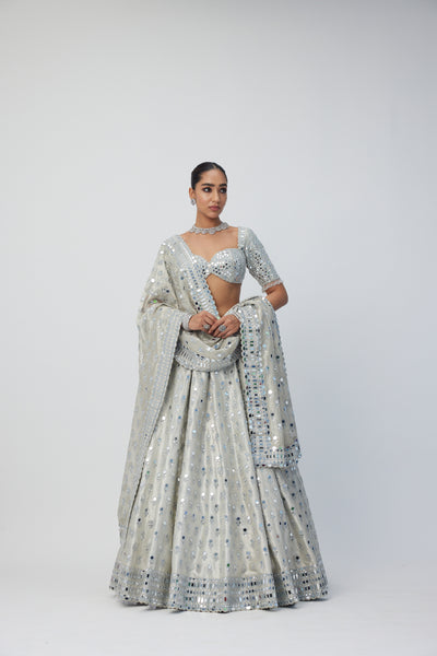 V Vani Vats Silver Shimmer Organza  Lehenga Set  indian designer wear online shopping melange singapore