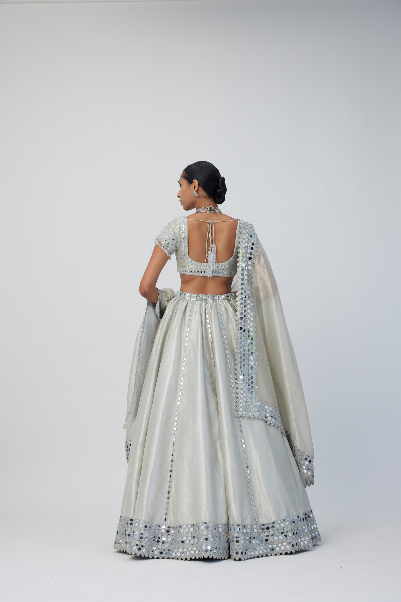 V Vani Vats Silver Shimmer Organza Linear Lehenga Set  indian designer wear online shopping melange singapore