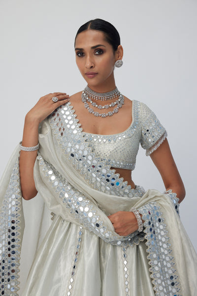 V Vani Vats Silver Shimmer Organza Linear Lehenga Set  indian designer wear online shopping melange singapore