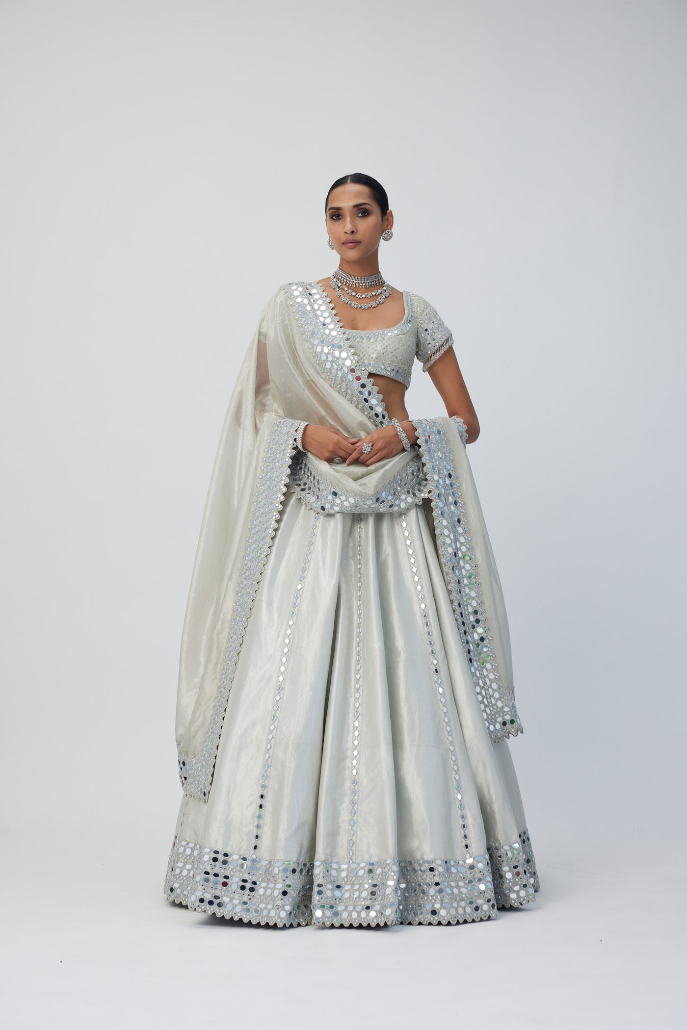 V Vani Vats Silver Shimmer Organza Linear Lehenga Set  indian designer wear online shopping melange singapore