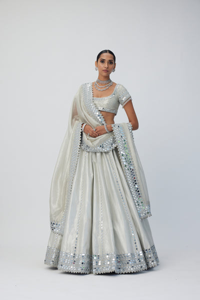 V Vani Vats Silver Shimmer Organza Linear Lehenga Set  indian designer wear online shopping melange singapore