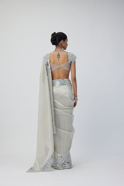 V Vani Vats Silver Shimmer Organza Saree Set indian designer wear online shopping melange singapore