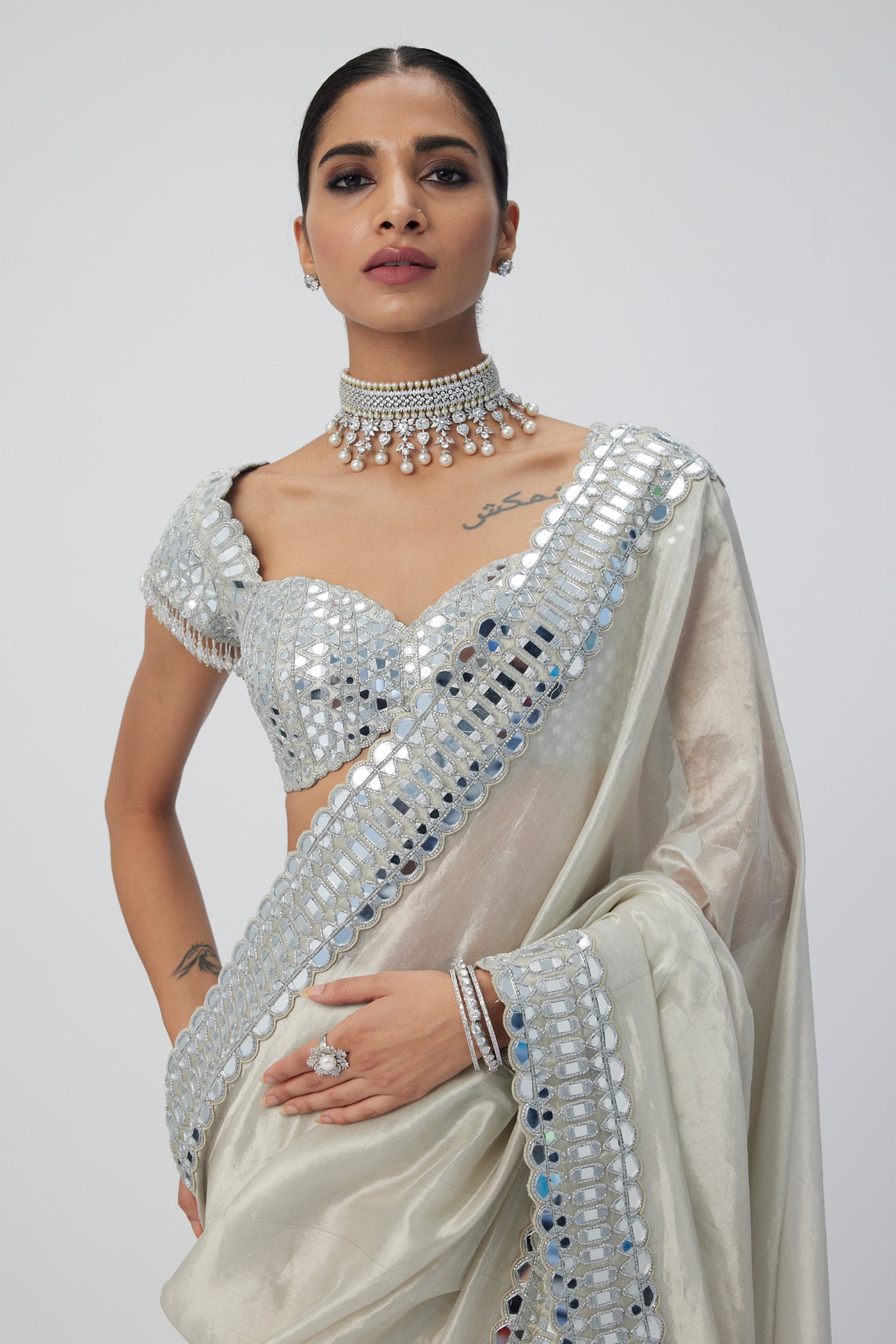 V Vani Vats Silver Shimmer Organza Saree Set indian designer wear online shopping melange singapore